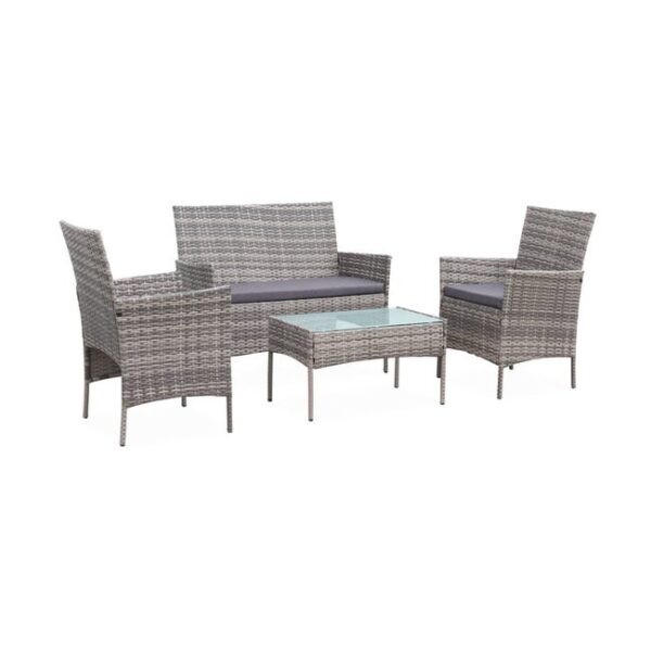 Salon de jardin en résine tressée - Moltès - Nuances de Gris. Coussins gris - 4 places - 1 canapé. 2 fauteuils. une