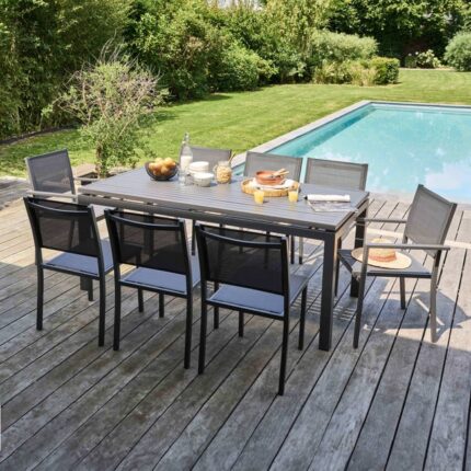 Ensemble table de jardin extensible et 8 assises en aluminium gris