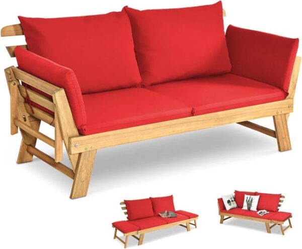 Canapé Lit de Jardin Extensible 2 Places Charge 320 KG-Accoudoirs Réglables/Coussins/Dossier Amovibles-Rouge