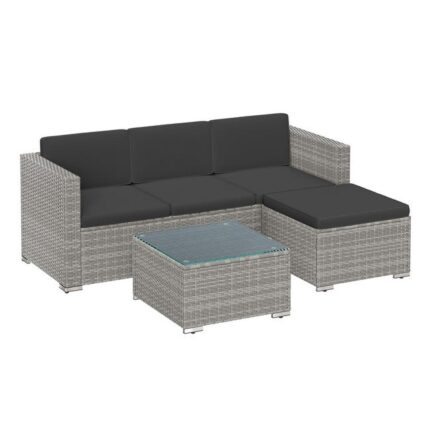 Salon de Jardin Extérieur, Ensemble de Mobilier, Surface Tressée en PE Tissé à la Main, Canapé d’Angle, avec Coussins, Dessus de Table en Verre, Gris