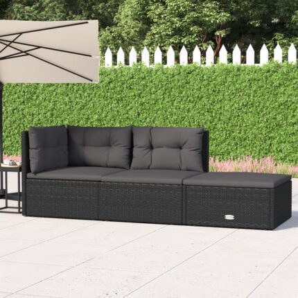 Salon de jardin 3 pcs avec coussins Noir Résine tressée vidaXL