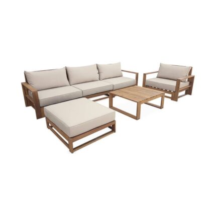Salon de jardin en bois 5 places - Mendoza - Coussins beiges. canapé. fauteuils et table basse en acacia. 6 éléments