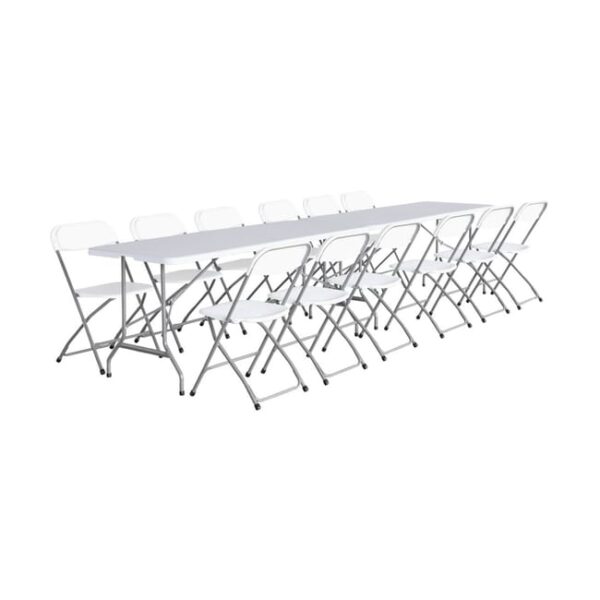Lot de 2 tables de réception pliables en plastique blanc 180cm + 12 chaises d'appoint. table de camping