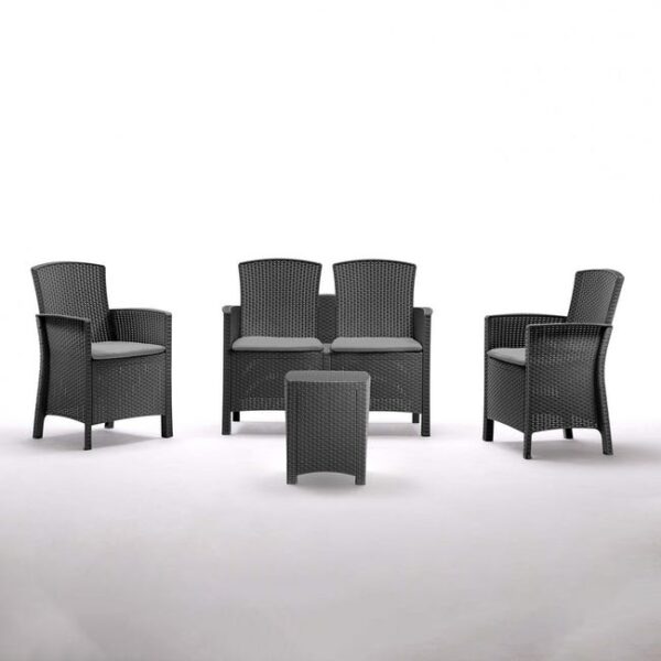 Table basse de salon en résine + canapé + 2 fauteuils avec coussins noirs