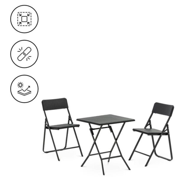 Salon de balcon - Uniprodo - Pratique et résistant aux UV - Ensemble 3 en 1 composé d'une table et de 2 chaises - Noir