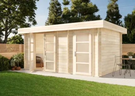 Abri de jardin Moderne-E Alpholz, 5.1x3.6m dim. ext. (cas échéant incl. débord de toit) naturel, épaisseur paroi : 28mm, 18,3m² totale