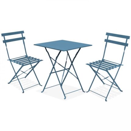 Table de terrasse et 2 chaises acier bleu pacific