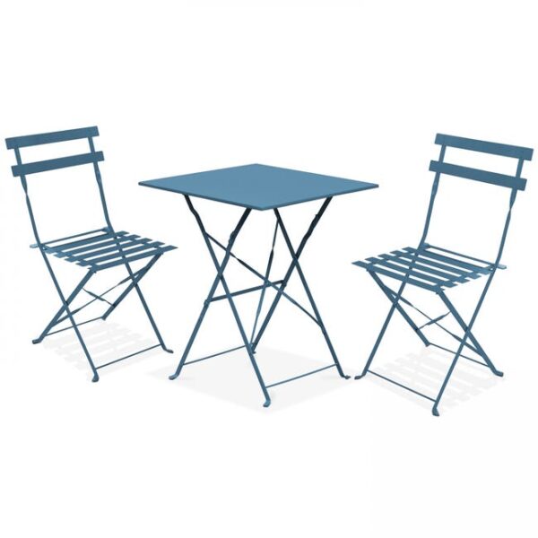Table de terrasse et 2 chaises acier bleu pacific