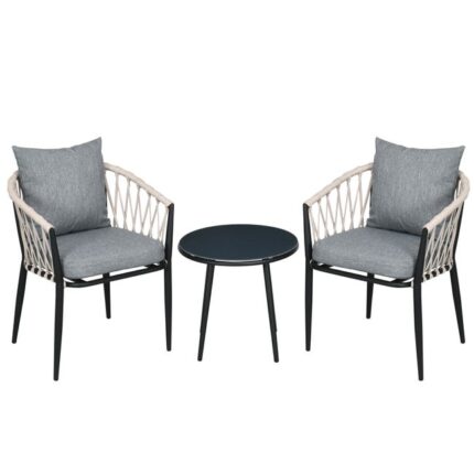 Salon de jardin 2 personnes 3 pièces avec coussins gris