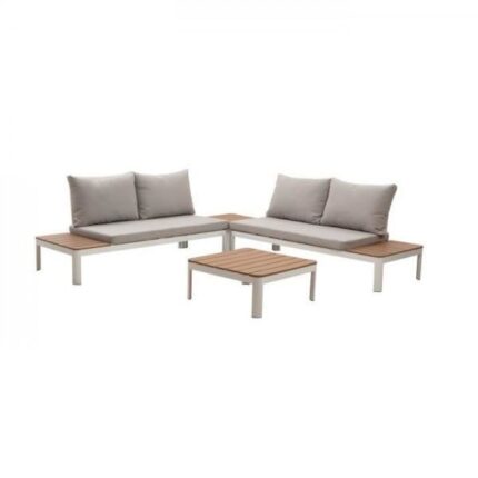 Salon de jardin modulable, en aluminium couleur blanc et polywood - 4 personnes avec coussins gris - SANTANA
