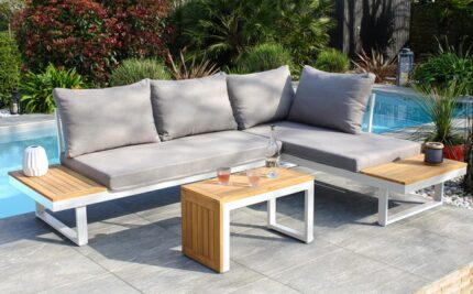 Salon de jardin modulable TOKYO 4 places acacia et aluminium, blanc - DCB GARDEN