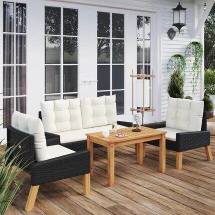 Salon de jardin 4 pcs et coussins Résine tressée et bois massif vidaXL