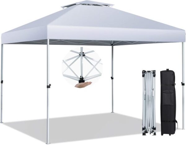 Tonnelle de Jardin 305 X 305 CM, Toit Double Ventilé, Tente Pavillon Pliant Pop-up avec Hauteur Réglable, Sac de Transport Inclus(Blanc)