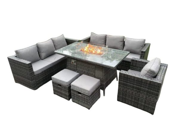 Ensemble de table de foyer au gaz de jardin Fimous Polyrattan Mélange gris foncé 9 Places Épaisseur du verre de Table 5 mm