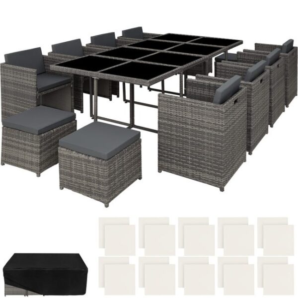 Tectake Salon de jardin NOUVELLE ORLEANS 12 places avec 2 sets de housses + housse de protection - gris