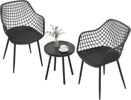 COSTWAY Ensemble de Meubles 3 Pièces de Patio Charge 130KG, Salon de Jardin 2 Fauteuils Table Basse Ronde Support en Métal, Noir