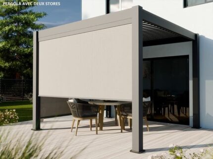 Pergola Bioclimatique Aluminium Autoportée 9m2 - 3x3 m Deux Stores 3m Inclus - 19 Lames Aluminium Inclinables a 90° - Tonnelle