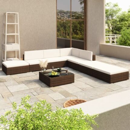 Salon de jardin 8 pcs avec coussins Résine tressée Marron vidaXL