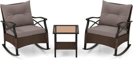 COSTWAY Ensemble de Meubles de Patio 3 Pièces, Salon de Jardin en Rotin avec 2 Chaises à Bascule et Table Basse Plateau en Verre Trempé Coussins Doux