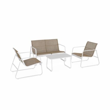 Salon de jardin en métal et textilène pour 4 personnes. blanc et naturel. design