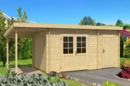 Abri de jardin Maria toit en pente avec annexe Alpholz, 6x2.8m dim. ext. (cas échéant incl. débord de toit) naturel, 28mm, 16,7m² totale