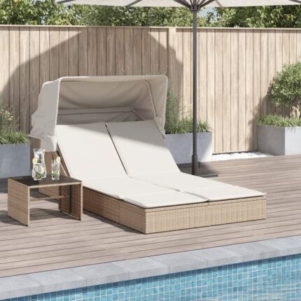 Chaise longue double avec auvent et coussins beige poly rotin vidaXL