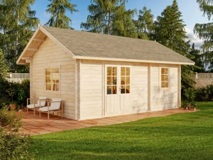 Chalet de jardin Arizona ISO Alpholz, 6.8x4.9m dim. ext. (cas échéant incl. débord de toit) naturel, épaisseur paroi : 44mm, 33,2m² totale