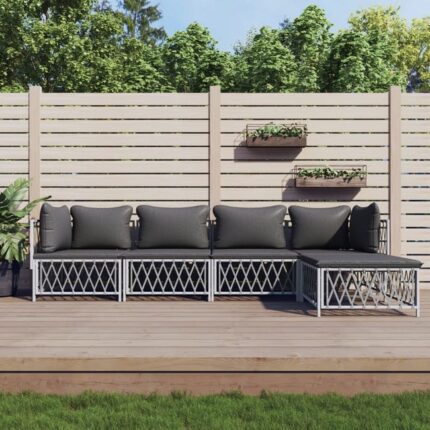 Salon de jardin avec coussins 5 pcs blanc acier vidaXL