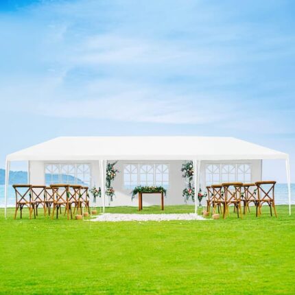 Tonnelle 3x9M Tente de Réception 5 Bâches avec Fenêtres-Pergola avec Piquets et Cordes-Tissu étanche/Résistant au Soleil