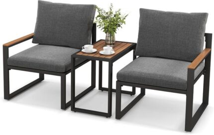 COSTWAY Ensemble de Meubles 3 Pièces de Patio Cadre en Aluminium Résistant aux Intempéries, Salon de Jardin 2 Fauteuils avec Coussins, Gris