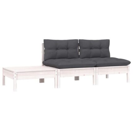 Salon de jardin 3 pcs | Mobilier d'Extérieur | Ensemble de Table et chaises avec coussins Blanc Bois de pin massif842522