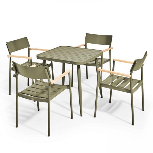 Ensemble table de terrasse et 4 fauteuils en aluminium/bois vert kaki , Bristol - Oviala