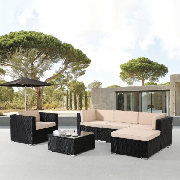 Salon de Jardin en polyrotin avec Coussin d'assise et Fauteuil pour 5 Personnes Résistant aux UV Table avec Plateau en Verre Noir
