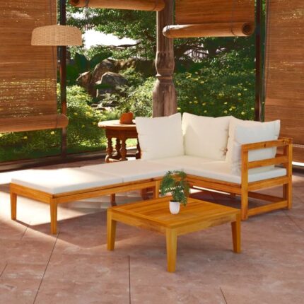 Salon de jardin 3 pcs avec coussins blanc crème Bois d'acacia vidaXL