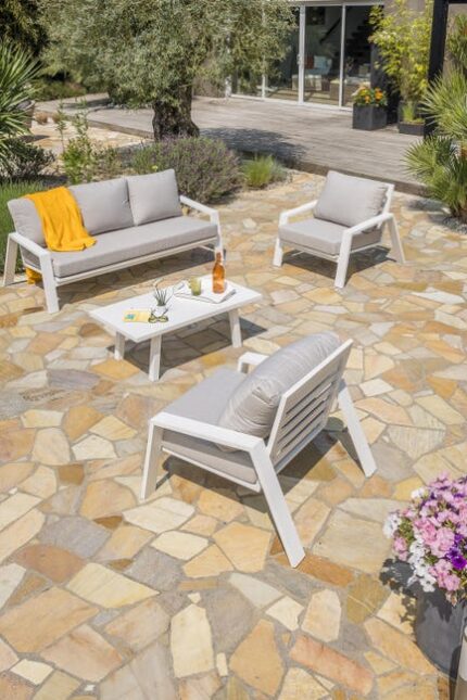 Salon bas de jardin aluminium blanc Ibiza-s3, 5 personnes - PARIS GARDEN