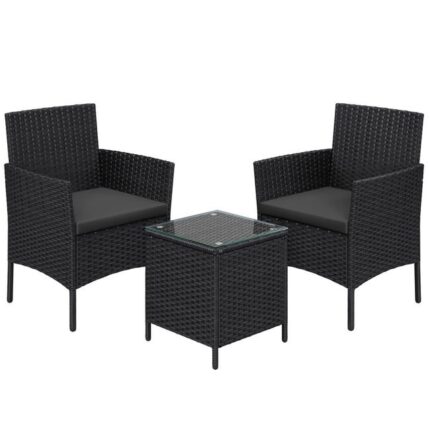 Salon de Jardin Extérieur, Ensemble de Mobilier, Surface Tressée en PE, Table et Chaises, pour Terrasse, Jardin, Balcon, Noir et Gris Foncé
