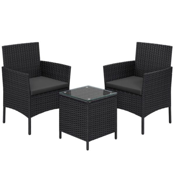 Salon de Jardin Extérieur, Ensemble de Mobilier, Surface Tressée en PE, Table et Chaises, pour Terrasse, Jardin, Balcon, Noir et Gris Foncé