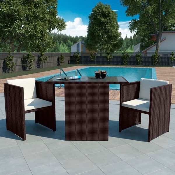 Ensemble de bistro 3 pcs avec coussins Résine tressée Marron