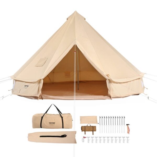 VEVOR Tente Cloche en Toile 4 m Tente de Yourte 4 Saisons Tente de Camping Familial avec Trou de Poêle à Bois,Sacs pour Glamping Jusqu'à 6 Personnes