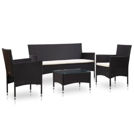 Salon de jardin meuble d'extérieur ensemble de mobilier 4 pièces avec coussins résine tressée noir 02_0016198
