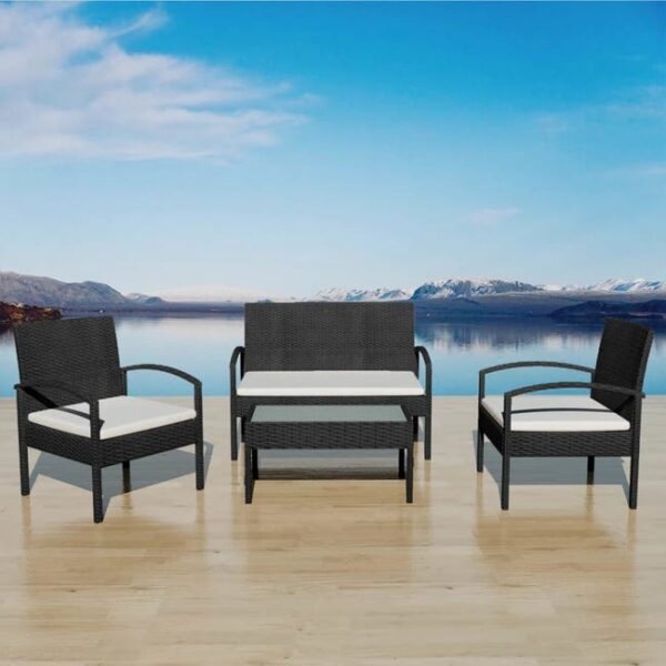 Salon de jardin 4 pcs avec coussins Résine tressée Noir vidaXL