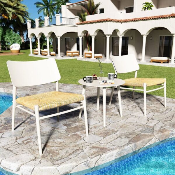 Salon de jardin 2 places en aluminium et rotin PE - 2 chaises et une table - blanc