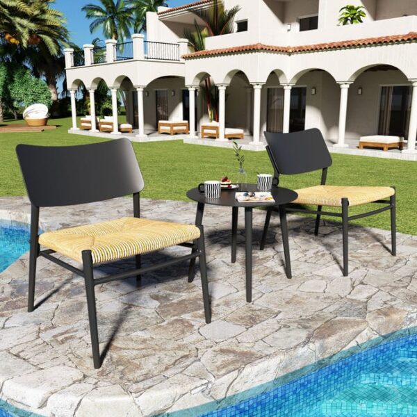 Salon de jardin 2 places en aluminium et rotin PE - 2 chaises et une table - noir