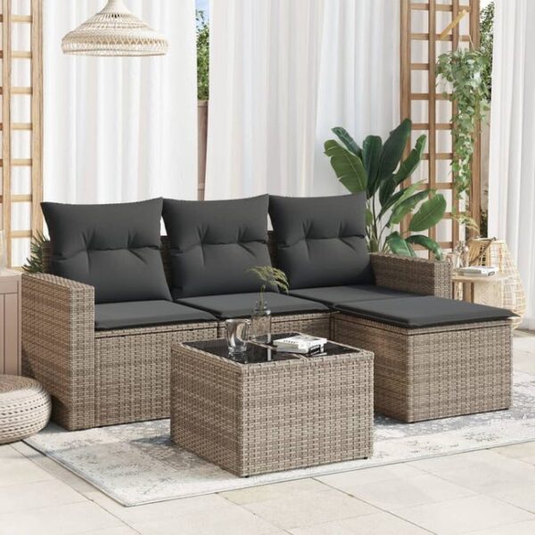 Salon de jardin 5 pcs | Mobilier d'Extérieur | Ensemble de Table et chaises avec coussins gris résine tressée CDS99497