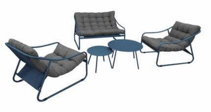 Set ensemble 5 pièces Bord'eau en aluminium/TPEP avec coussin - bleu/chiné gris