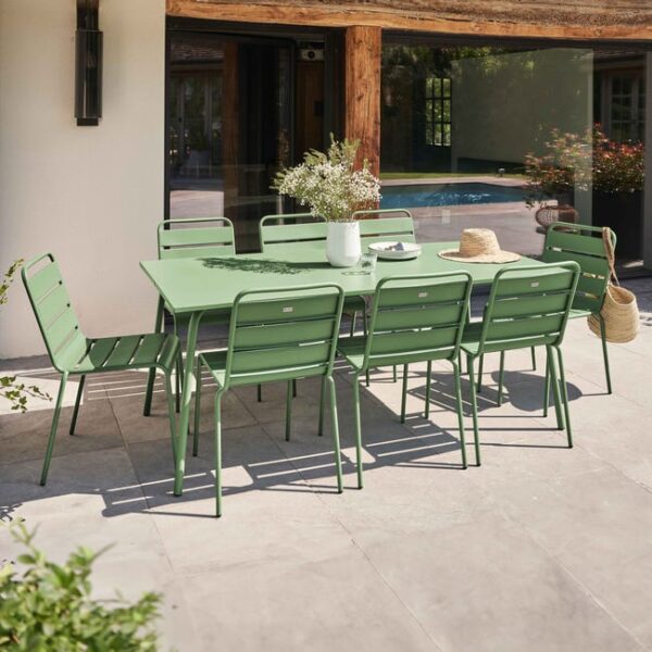 Ensemble table de jardin et 8 chaises en métal vert cactus , Palavas - Oviala