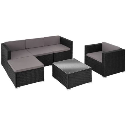 Tectake Salon en rotin Lignano avec fauteuil - noir
