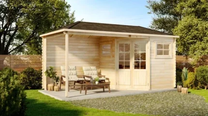 Abri de jardin pentagonal avec extension Franz-28 Alpholz, 5.3x2.8m dim. ext. (cas échéant incl. débord de toit) naturel, 28mm, 14,4m² totale