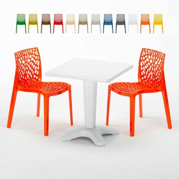 Table Carrée Blanche 70x70cm Avec 2 Chaises Colorées Grand Soleil Set Bar Café Gruvyer Patio - Orange