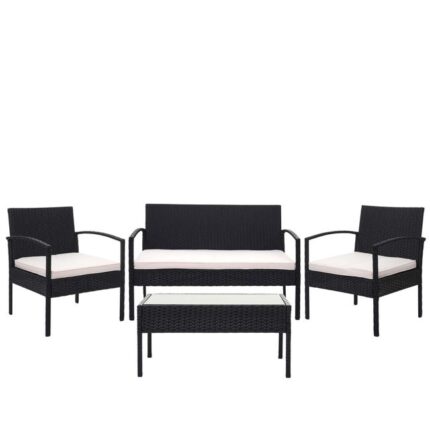Ensemble pour extérieur balcon/jardin/salon en polyrotin noir coussin crème 04_0003247